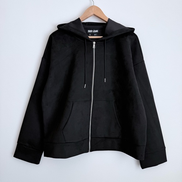 Dkny Tops - DKNY Jeans NWOT Women's Black Suede-Like Zip-Up Hoodie, Pockets, Size XL